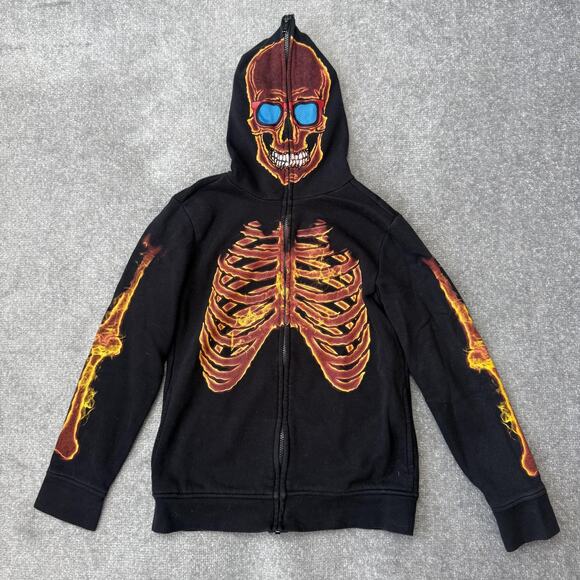 HAWK Other - Hawk Hoodie Youth Medium Black Skeleton Flames Full Zip Glow Skull Face Costume